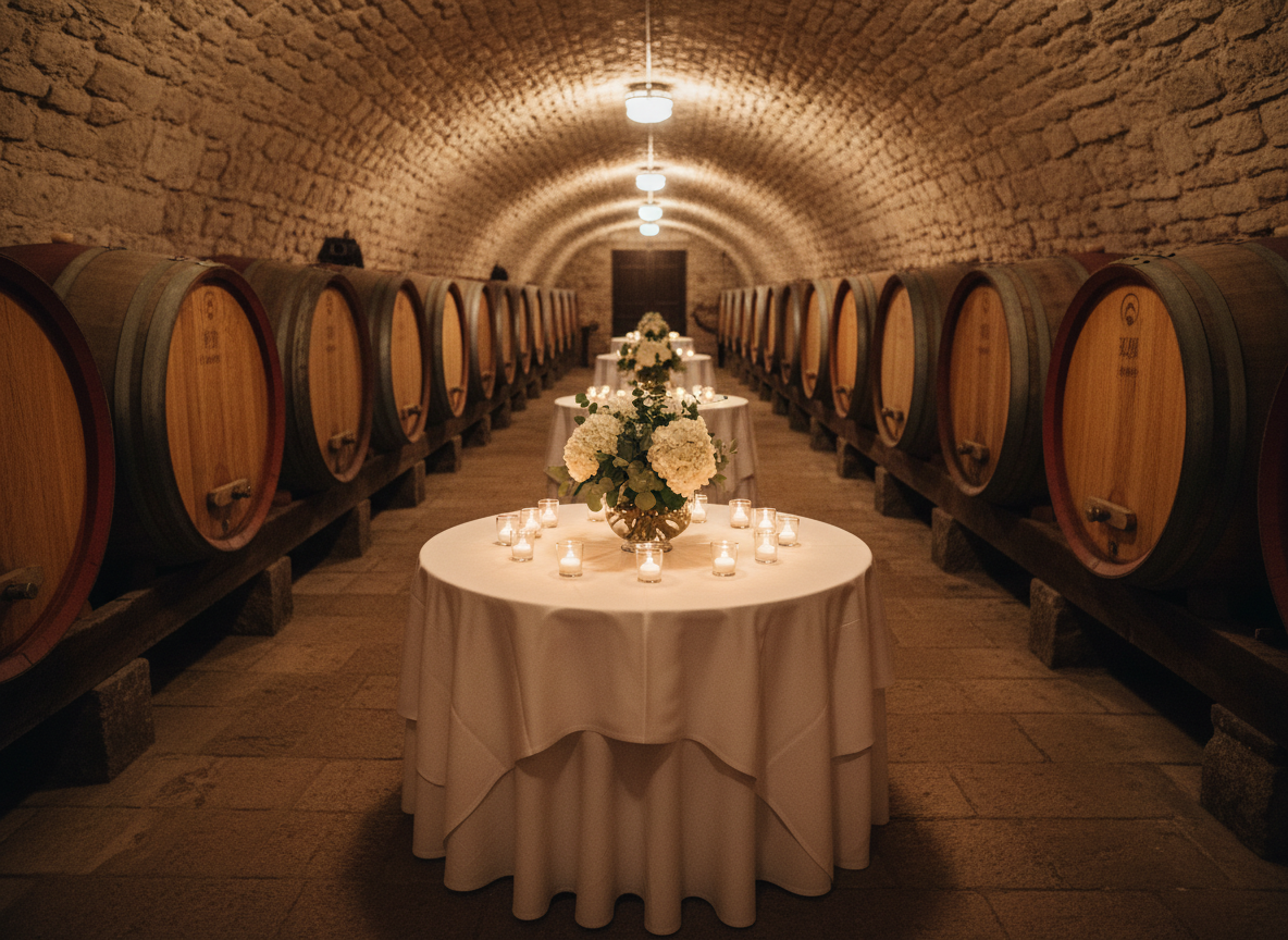 An atmospheric photographic scene of a historic wine cellar in Gamlitz prepared for a wedding reception, without any guests. Long wooden barrels line the stone walls, while a single, elegantly decorated round table stands in the foreground, dressed in white linen. On the table sits a centerpiece of white hydrangeas and greenery in a clear glass vase, surrounded by votive candles in simple glass holders casting warm, flickering light. Subtle overhead lighting illuminates the arched ceiling, revealing the texture of old stone. Shot at eye level with a balanced composition leading the viewer’s eye down the cellar corridor. The overall mood is cozy yet sophisticated, combining rustic Styrian character with modern elegance.