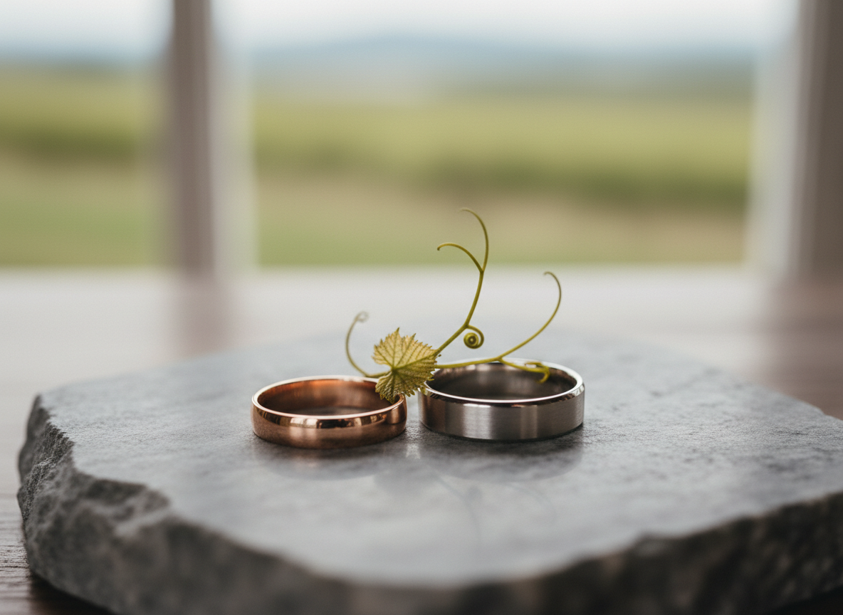 A close-up, photographic image of two minimalist wedding rings resting on a smooth piece of natural stone. One ring is a slim, polished rose gold band with a satin interior, the other a slightly wider brushed white gold band with clean edges. Tiny grape leaves and a single tendril lie beside them, hinting at a vineyard setting. Soft, diffused window light from above creates delicate reflections on the metal and gentle gradients of shadow on the stone surface. Captured with a macro lens and very shallow depth of field, the background melts into creamy bokeh in muted greens and neutrals. The mood is intimate, refined, and timeless, perfectly suited to a sophisticated Austrian countryside wedding.