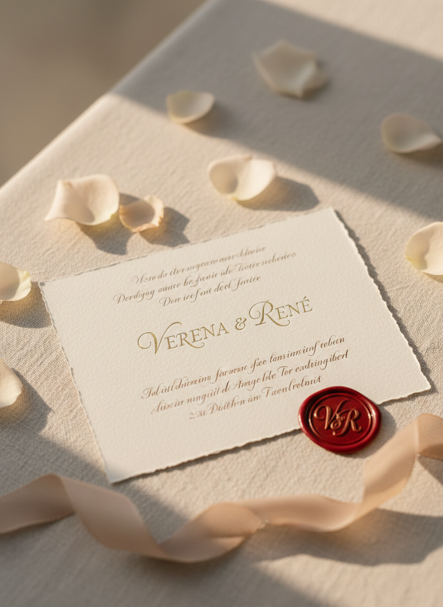A finely calligraphed ivory wedding invitation card lying on a linen-covered table, the names “Verena & René” embossed in subtle gold foil at the center. Around it rests a refined arrangement of pale blush rose petals, a silk ribbon in muted champagne, and a delicate wax seal stamped with intertwined initials. Soft late-afternoon natural light falls in from the left, creating gentle highlights on the metallic lettering and faint shadows along the paper’s deckled edge. Shot at eye level with a shallow depth of field so the background of blurred neutral tones feels airy and elegant. The mood is sophisticated and romantic, in clean photographic realism, evoking an exclusive celebration without showing any people.