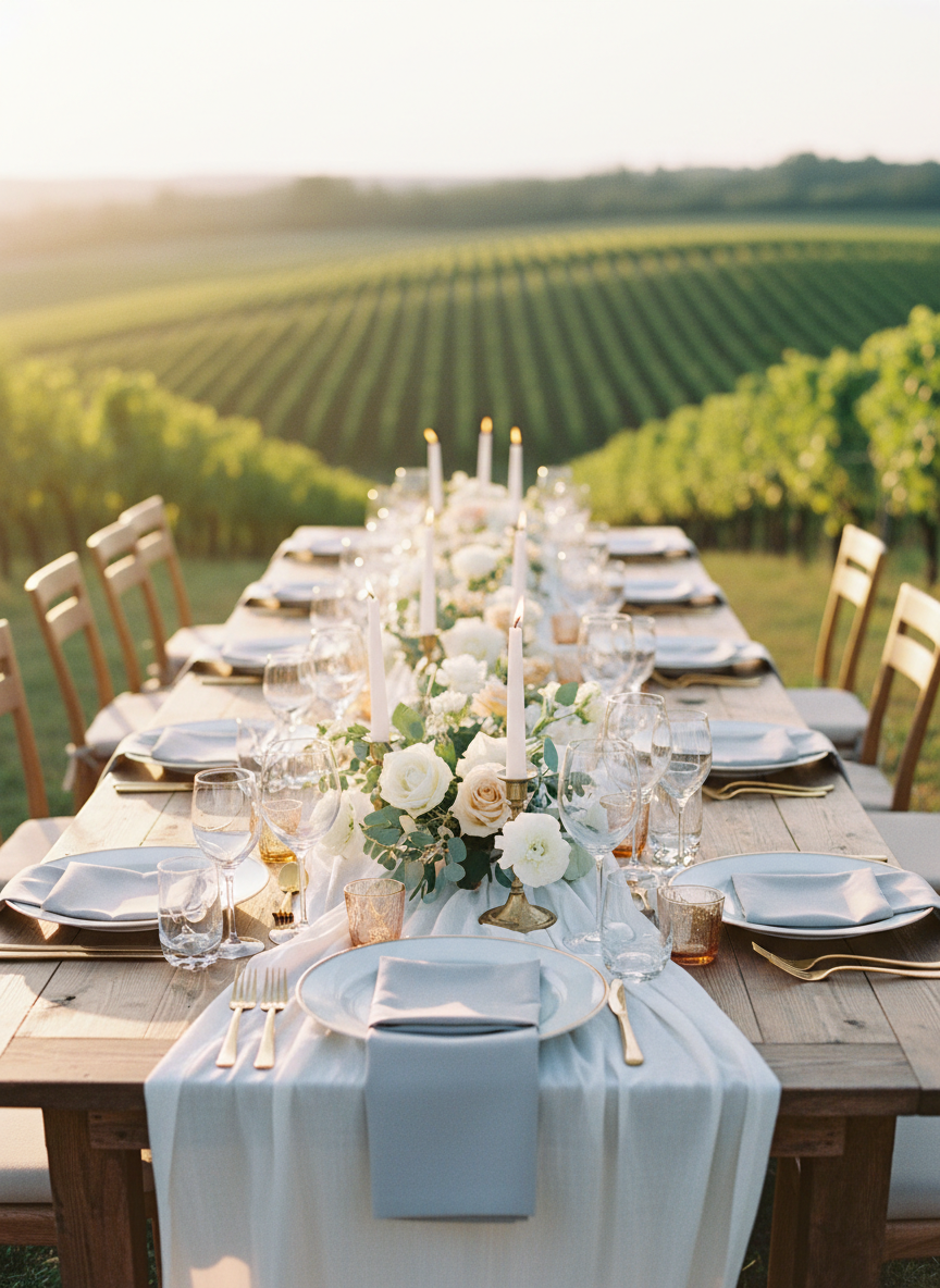 An elegantly set outdoor wedding table in a South Styrian vineyard, rows of vines fading into the softly blurred background. The long wooden table is draped with a crisp white linen runner, topped with crystal wine glasses, fine white porcelain plates with a thin gold rim, and neatly folded dove-grey linen napkins. Low arrangements of white and soft peach flowers mingle with eucalyptus branches and tall, slender candles in brass holders. Golden hour sunlight bathes the entire scene, casting warm highlights on glass and cutlery. Photographed from a slightly elevated angle in realistic, high-end photographic style, with a calm, sophisticated atmosphere that hints at a celebration in Gamlitz while keeping the scene free of people.